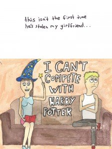 "Muggle Problems." 5/20/13. Pencil, watercolor, and pen. 16x20".