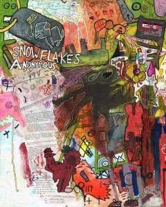 “Snowflakes Anonymous.” 11/22/13. Acrylic, watercolor, and spray paints, food coloring, markers, pen, resin sand, cardboard and EBT card – on 24×30″ stretched canvas.